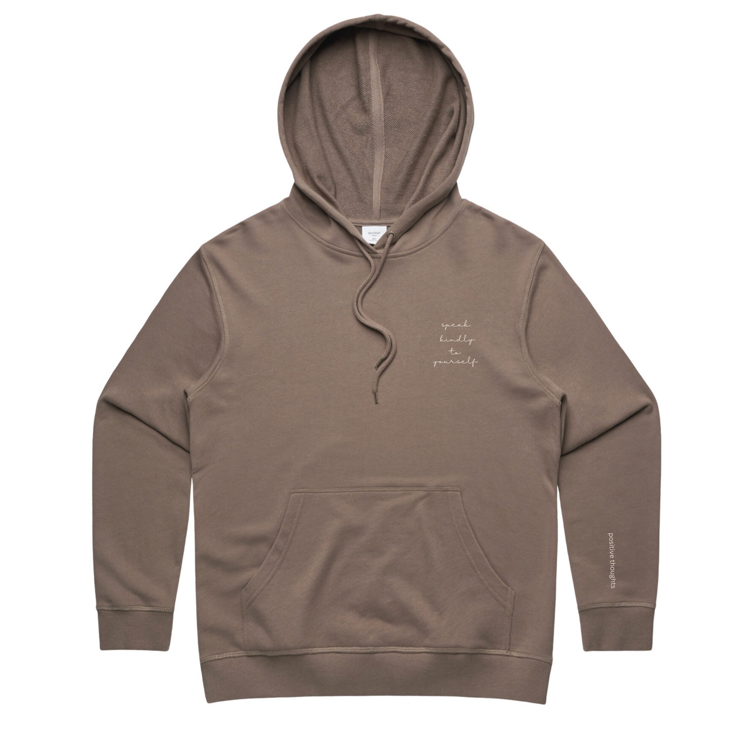 Speak Kindly to yourself written on a musk colored French Terry sweatshirt, with positive thoughts written down the side of the left handed sleeve.