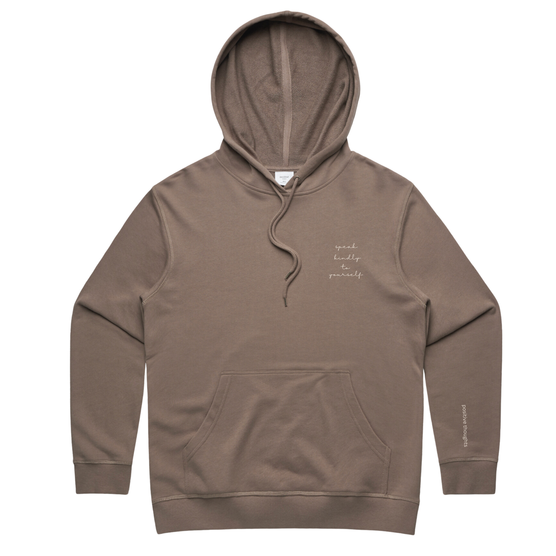 Speak Kindly to yourself written on a musk colored French Terry sweatshirt, with positive thoughts written down the side of the left handed sleeve.